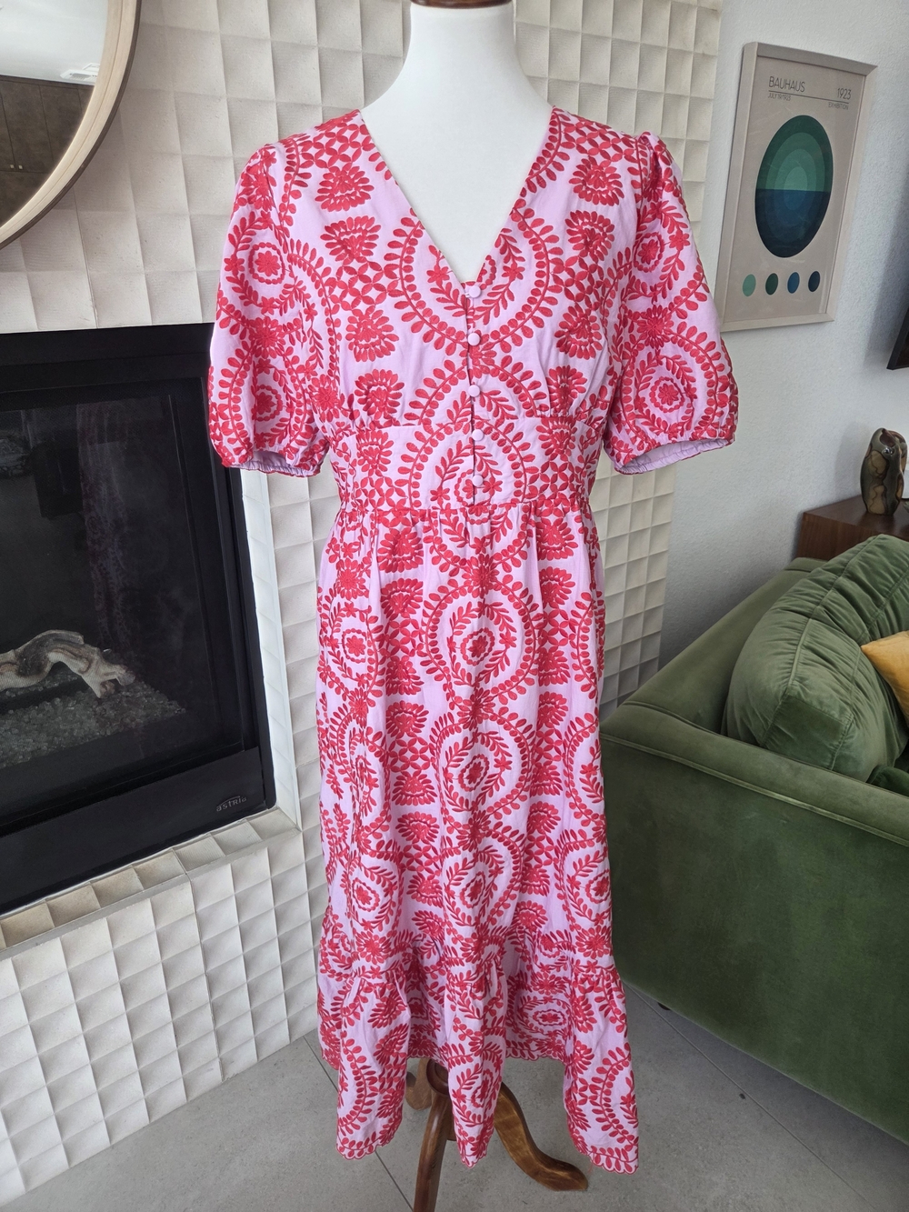 New Adelyn Rae Luisa Floral Embroidered Cotton V-neck Midi Dress Lilac & Red XL
